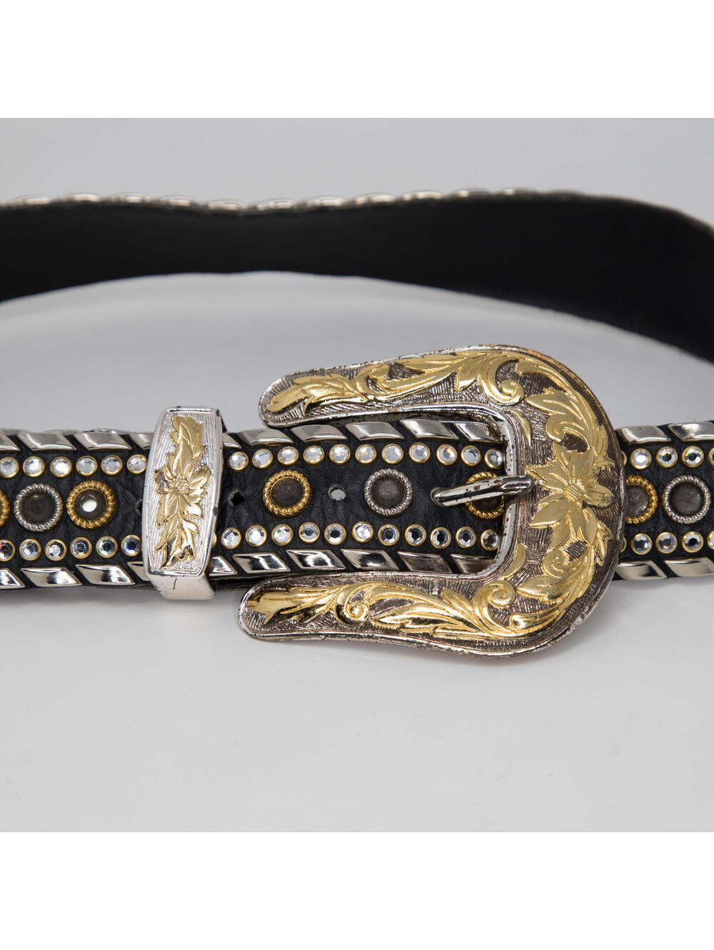 Women's Kippys Black Leather Rhinestone Western Belt Gold Silver Buckle Sz 34